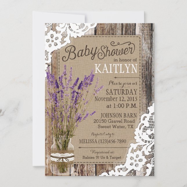 Lavender Wood Snöre Rustic Baby Shower Inbjudningar (Framsida)