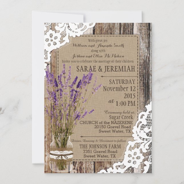 Lavender Wood Snöre Rustic Bröllop Inbjudningar (Framsida)