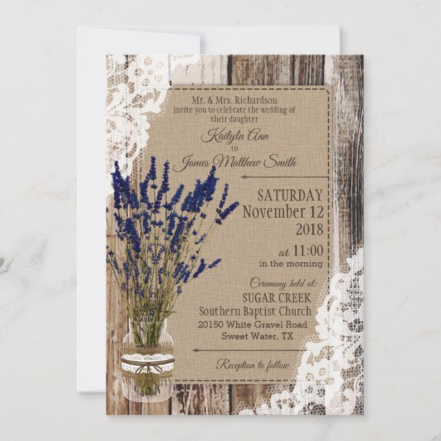 Lavender Wood Snöre Rustic Bröllop Inbjudningar (Framsida)