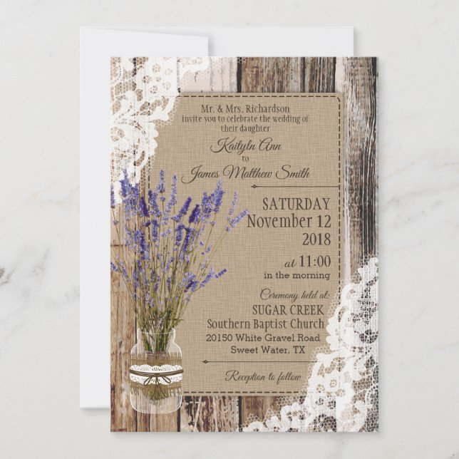 Lavender Wood Snöre Rustic Bröllop Inbjudningar (Framsida)