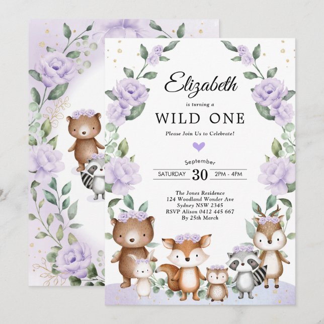 Lavender Woodland Blommigt Greenery Birthday Inbjudningar (Fram/baksida)