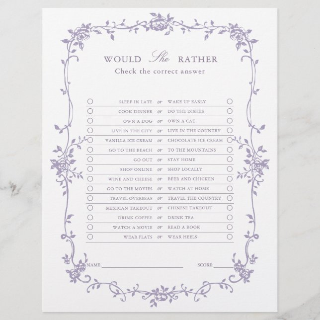 Lavender 'Would She Rather' Bridal Shower Game (Framsida)