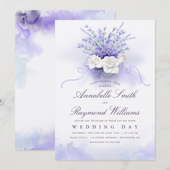 Lavenders och Vit ros Bouquet Elegant bröllop Inbjudningar (Fram/baksida)