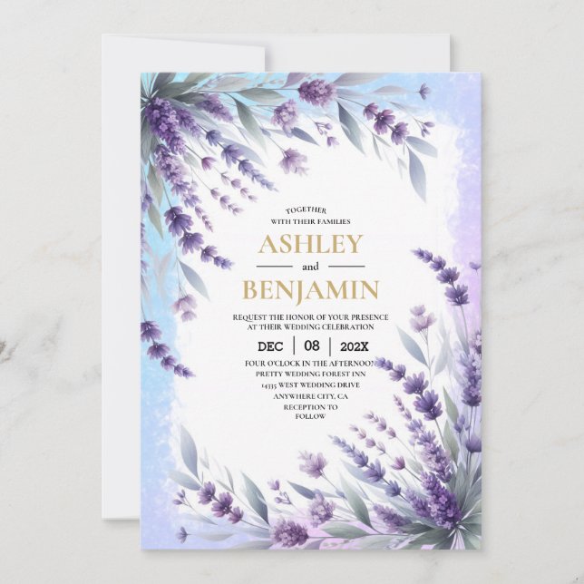 Lavendlar Och Blå Elegant Blommig Akvarell Inbjudningar (Framsida)