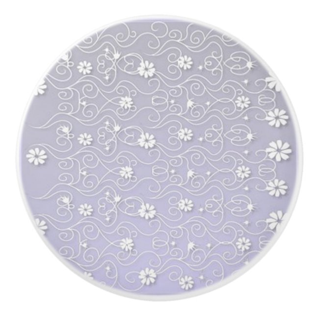 LAVENDLER KERAMISK KNAPP MED VIT BLOMMIG DESIGN. KNOPP (Framsidan)