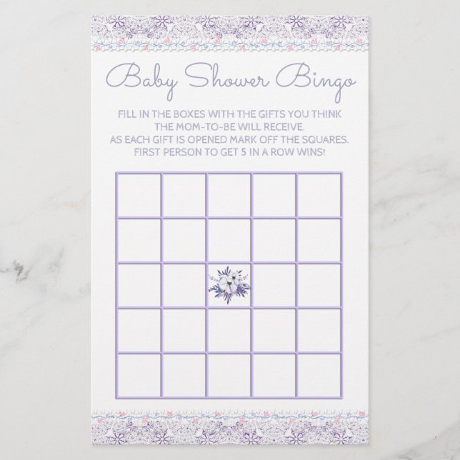 Lavener Snöre Girl Baby Shower Bingo Card (Framsida)