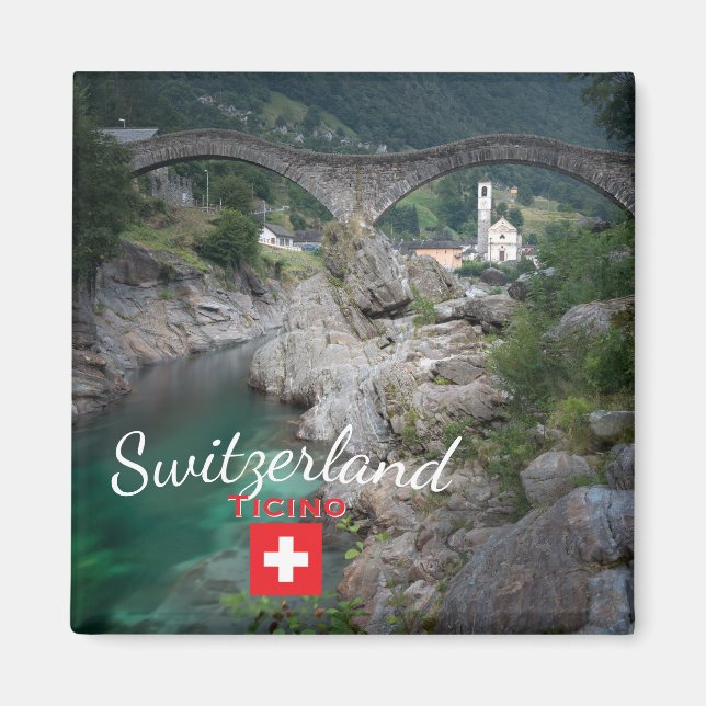 Lavertezzo bro över flagg, Schweiz Magnet (Framsidan)