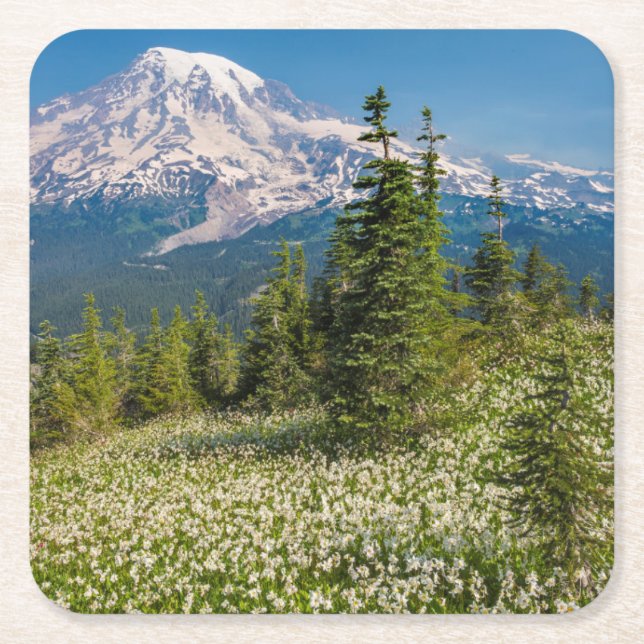 Lavinliljor och Mount Rainier Underlägg Papper Kvadrat (Framsidan)