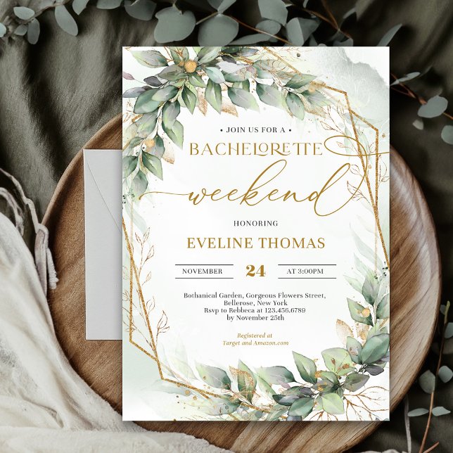 Lavish eucalyptus greenery Bachelorette Helg Inbjudningar (Modern botanical greenery leaf gold frame bachelorette weekend invitation)