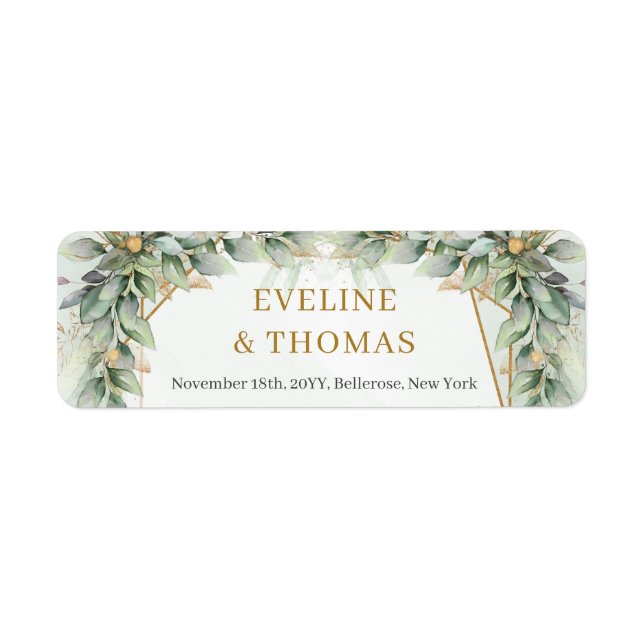 Lavish greenery foliage guld ram bröllop returadress etikett (Framsidan)