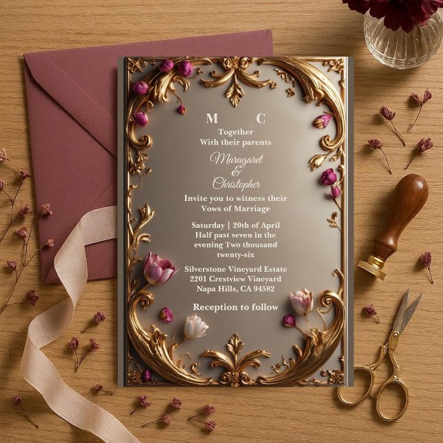 Lavish Mulberry Tulip Gold Baroque Opulent Wedding Inbjudningar (Lavish Mulberry Tulip Gold Baroque Opulent Wedding Invitation)