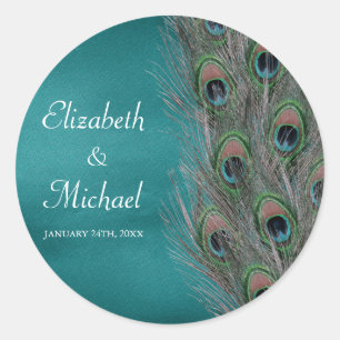 Lavish Peacock Feathers Round Wedor Favor Label Runt Klistermärke