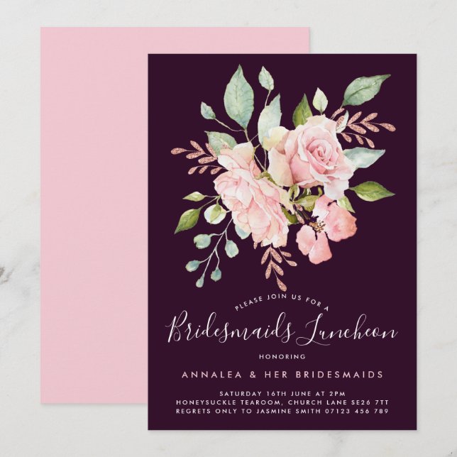 Lavish Rosa ros & Glitter Bridesmaids Luncheon Inbjudningar (Fram/baksida)