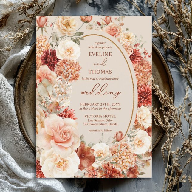 Lavish vattencolor teracotta  sage blommigt inbjudningar (watercolor lush bouquet terracotta copper orange flowers gold frame wedding invitation)