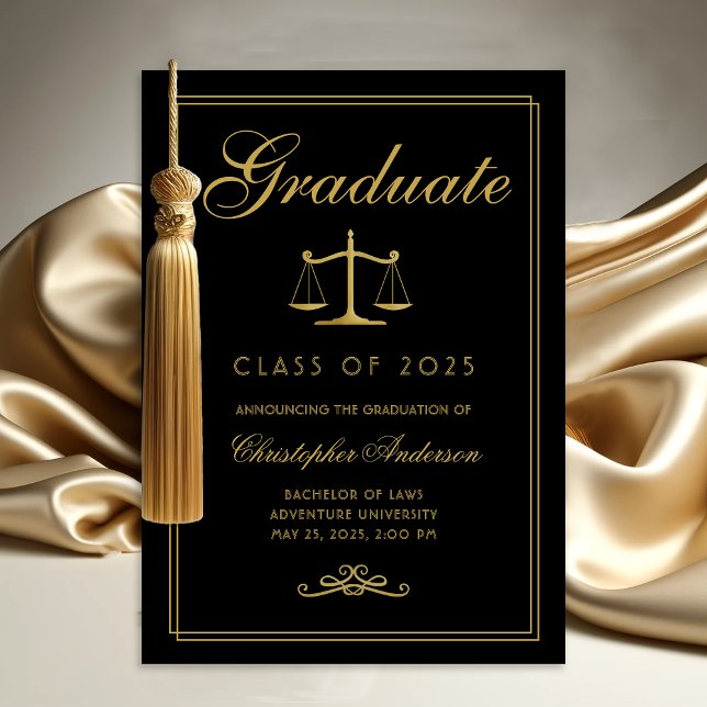Law Black Guld  of Justice College Graduation Meddelande (Black with gold Scales of Justice College Graduation Announcements for Lawyers)
