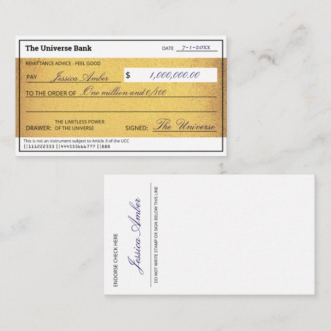 Law of Attraction Gold Manifestation Blank Check  Anteckningskort (Fram/baksida)