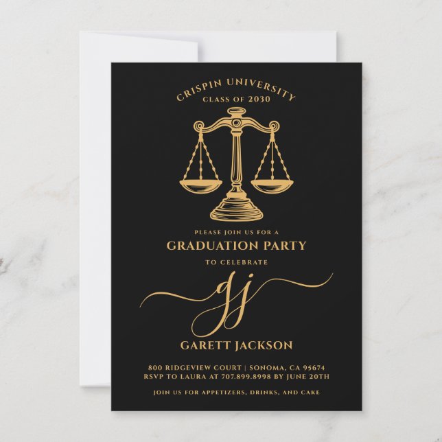 Law School Gold Script Photo Black Graduation  Inbjudningar (Framsida)