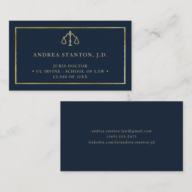 Law School Grad Student Lawyer Gold Navy Elegant Visitkort (Fram/baksida)