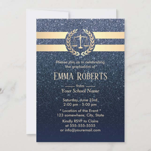 Law School Studenten Modern Navy Blue Glitter Inbjudningar (Framsida)