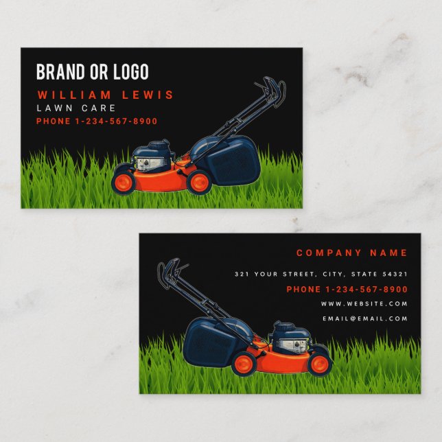 Lawn Care Red Lawnmower Landscaping Mowing Logo Visitkort (Fram/baksida)