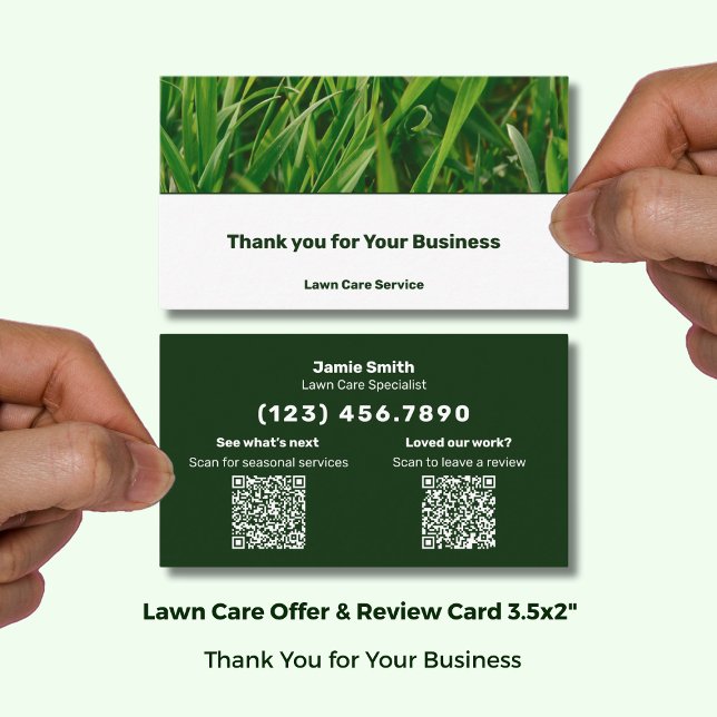 Lawn Care Service  Thank You & Review Combo Visitkort (Lawn Care Service Thank You & Review Combo Business Card; (US) Size 3.5x2 Inch Landscape Format)