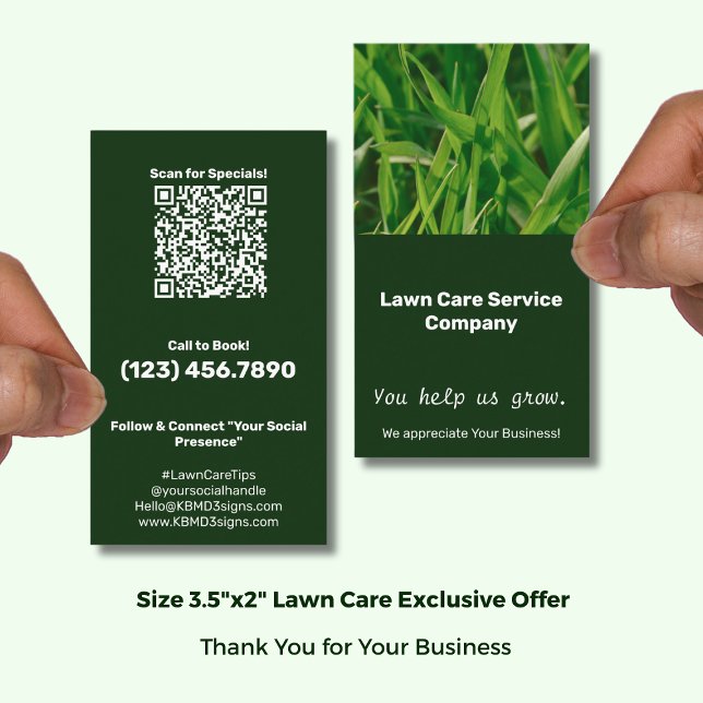 Lawn Care You Help Us Grow Thank You Visitkort (Lawn Care You Help Us Grow Thank You Business Card Exclusive QR code Offer; Size 3.5x2 (US) Portrait)