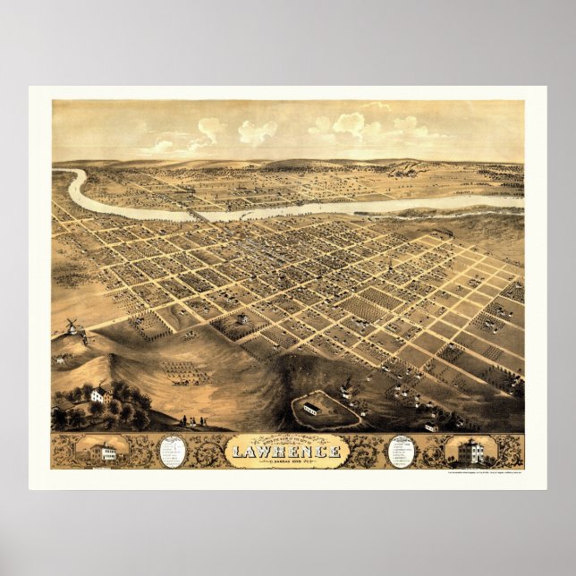 Lawrence, KS Panoramic Karta - 1869 Poster (Framsidan)