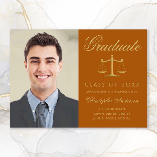 Lawyer Orange Guld Script Photo Studenten Meddelande (Orange and Gold Scales of Justice Photo Graduation Announcement for Lawyers)