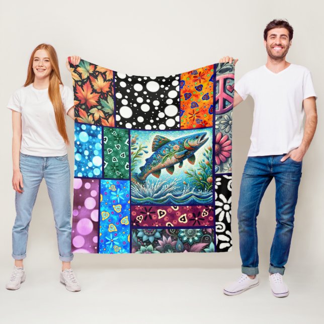 Lax Crazy Quilt Blommig Whimsisk Färgrik Fleecefilt (På plats)