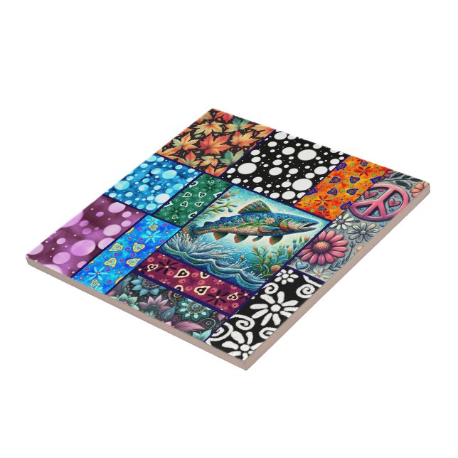 Lax Crazy Quilt Blommig Whimsisk Färgrik Kakelplatta (Sidan)