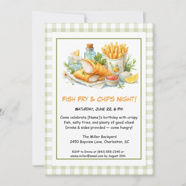 Laxig fisk - Fish Fry & Chips Födelsedagsinbjudan Inbjudningar (Framsida)