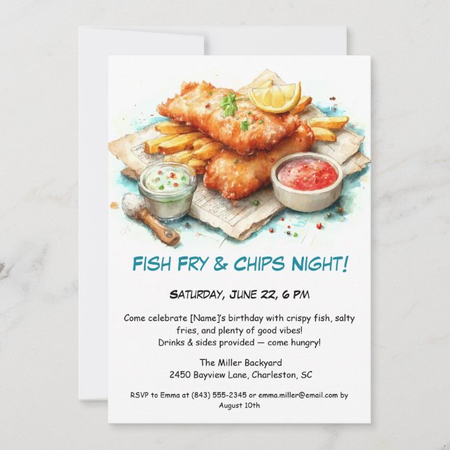 Laxig fisk - Fisk Fry & Chips Födelsedag  Inbjudningar (Framsida)