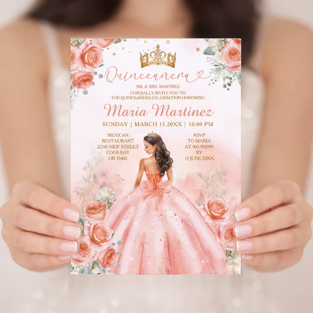 Laxrosa persika prinsessa floral guld Quinceañera Inbjudningar (Skapare uppladdad)