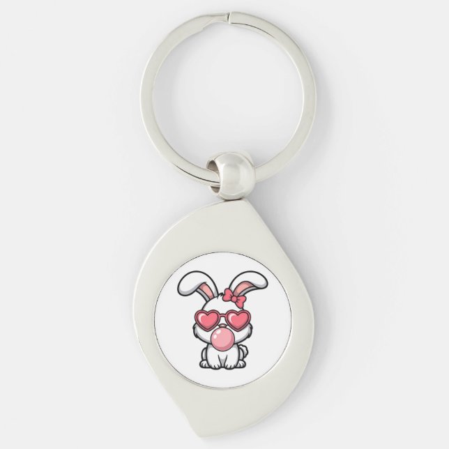 layful Kawaii Rabbit with Bubblegum Bubble Swirl Silverfärgad Nyckelring (Framsidan)