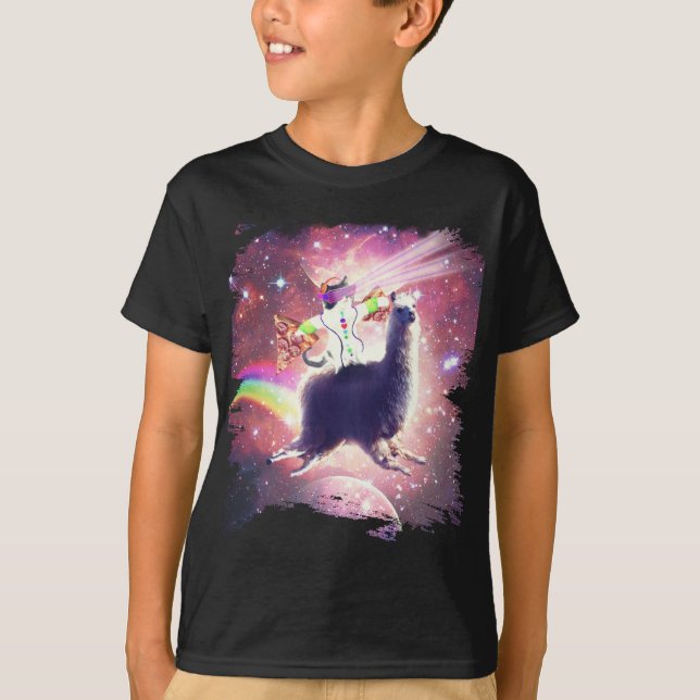 Lazer Rave Space-katt Riding Llama med Pizza T Shirt (Framsida)