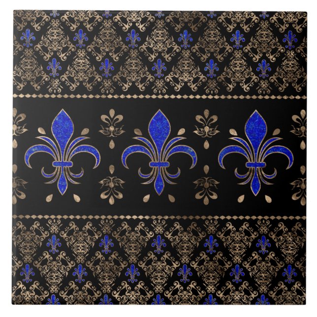 Lazuli Lazuli och guld Fleur-de-lis ornamen Kakelplatta (Framsidan)