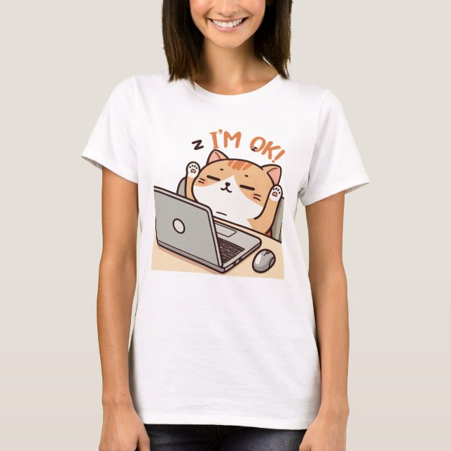 Lazy Cat jobbar bra på bärbara datorer T Shirt (Framsida)