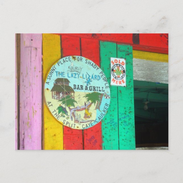 Lazy Lizard skylt på Caye Caukler Belize vykort (Framsida)