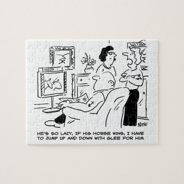 Lazy Man Watches Horse Tävla på TV Pussel (Horisontell)