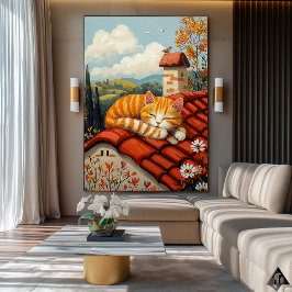 Lazy Rooftop Cat - Naïf Mysigt Countryside Art Poster