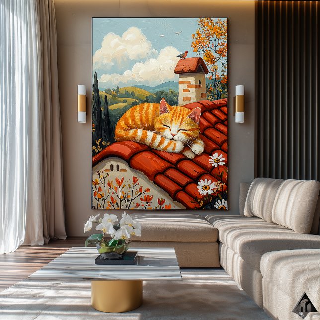 Lazy Rooftop Cat - Naïf Mysigt Countryside Art Poster (Skapare uppladdad)