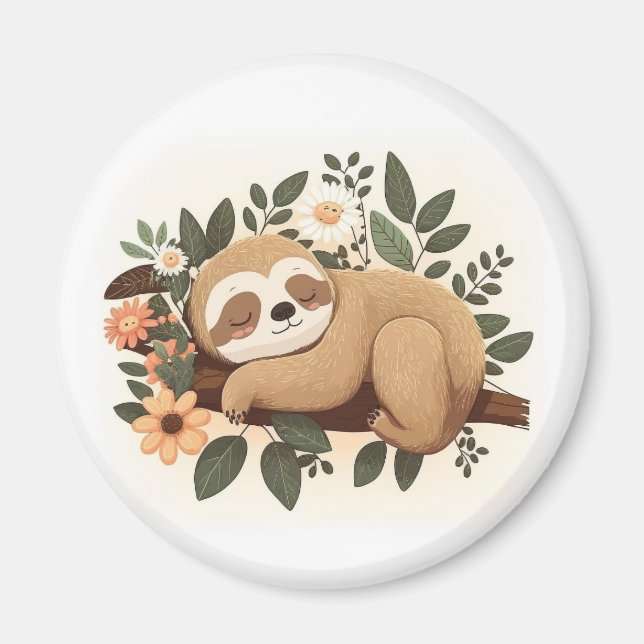 Lazy sloth sleeping on a branch cartoon            magnet (Framsidan)