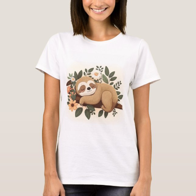 Lazy sloth sleeping on a branch cartoon            t shirt (Framsida)