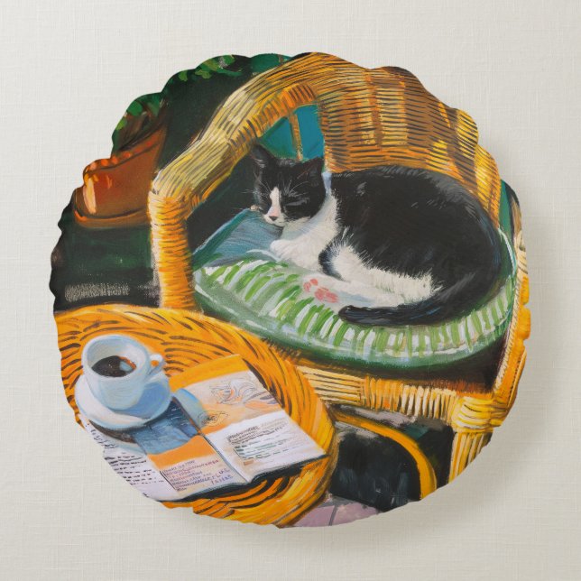 Lazy Söndag God | Mysigt katt- och kaffefärgning Rund Kudde (Framsidan)