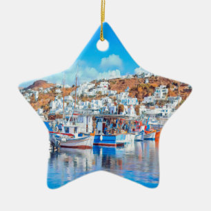 ldp MYKONOS - Fiskebåtar - hamn - panorama Julgransprydnad Keramik