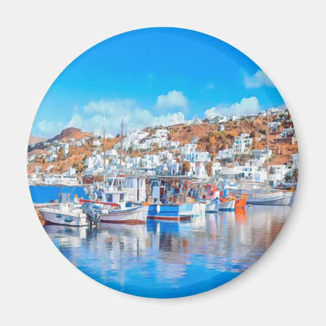 ldp MYKONOS - Fiskebåtar - hamn - panorama Magnet (Framsidan)