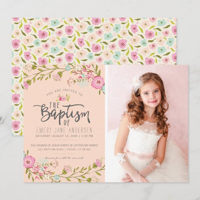 LDS BAPTISM-FOTOINBLANDNING| Elegant Rosa Girl Inbjudningar (Fram/baksida)
