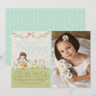 LDS BAPTISM-FOTOINVIKTER   Söt Blommigt Girl Inbjudningar