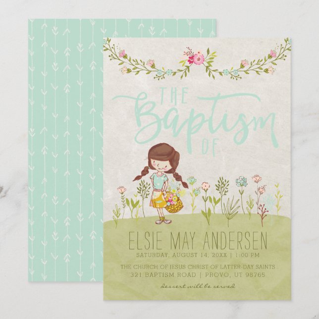 LDS BAPTISM-INVIKELSE | Söt Cute Blommigt Girl Inbjudningar (Fram/baksida)