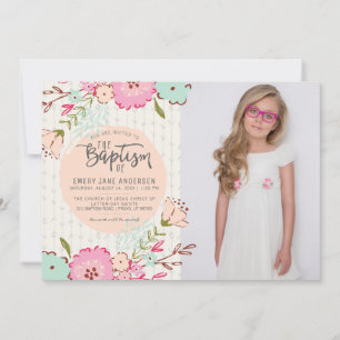 LDS BAPTISM PHOTO INBJUDAN Elegant Blommigt Girl